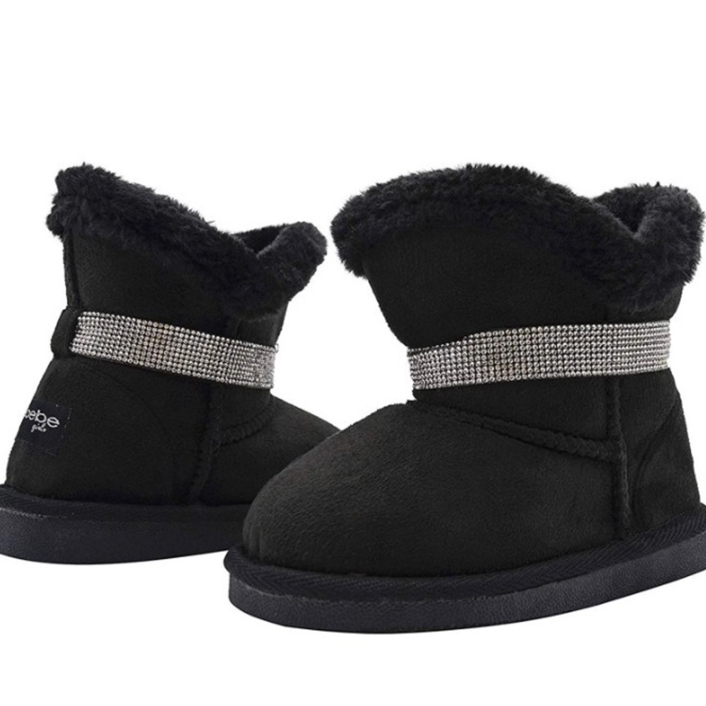 bebe Slip On Mid Calf Warm Microsuede Winter Boots with Rhinestone Straps